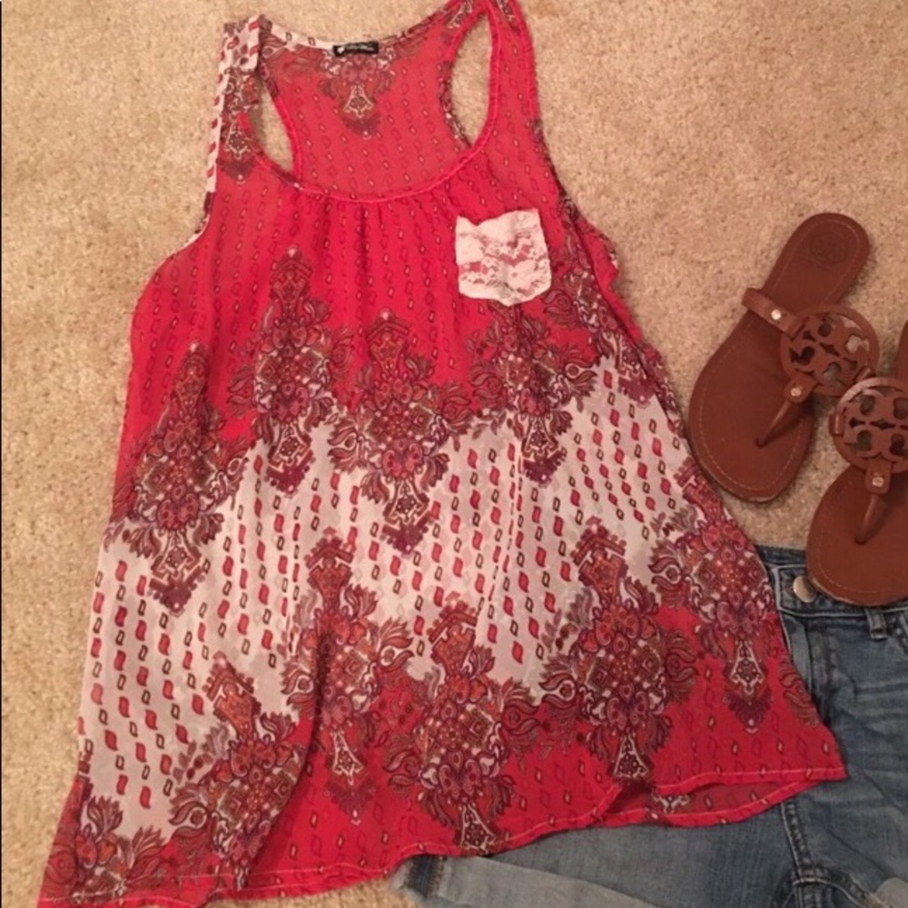 Lilly White racer back boho lace pocket tank L